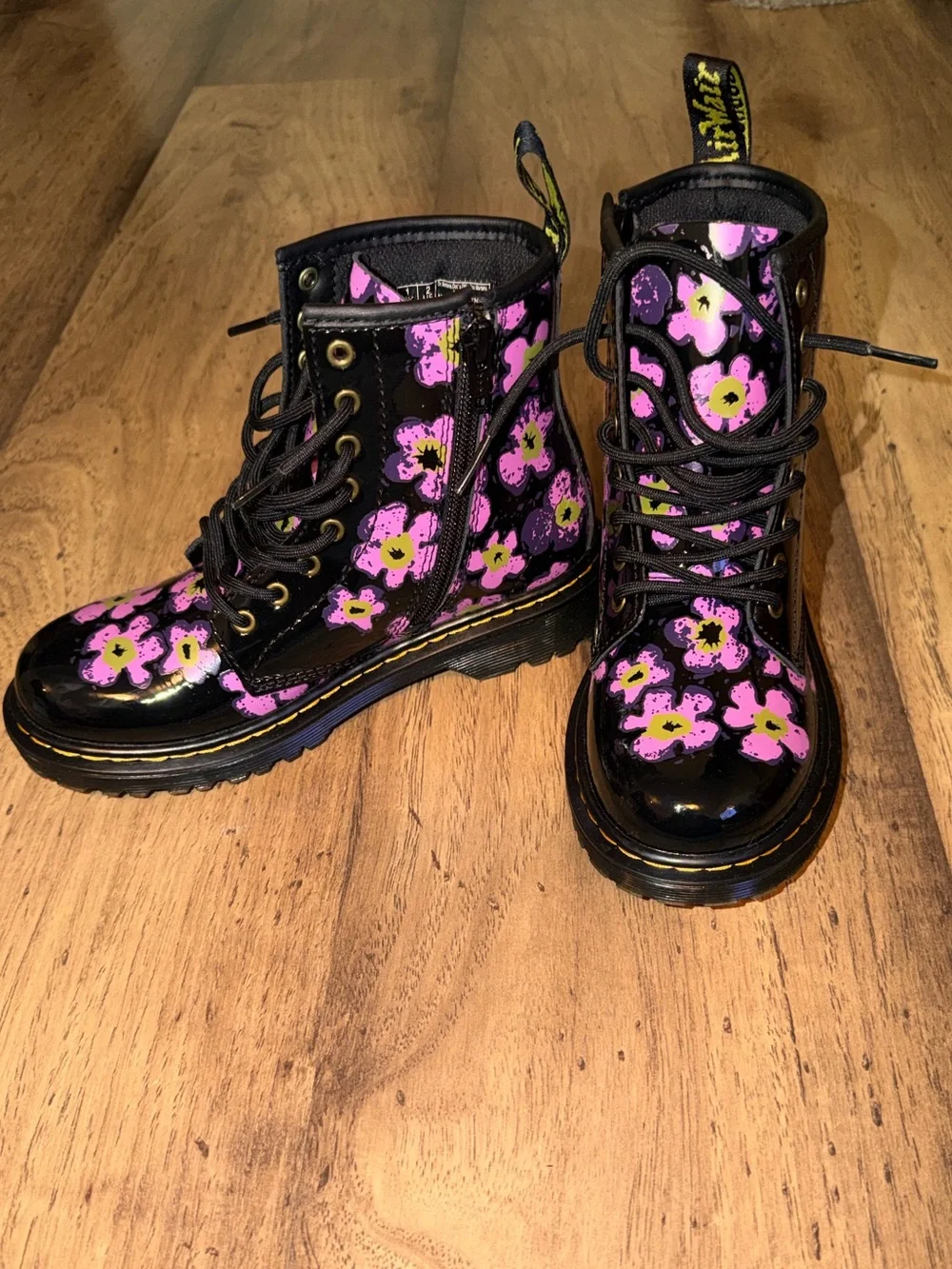 Dr. Martens Kids Black Patent Lace-Up Boots with Pink Floral Print